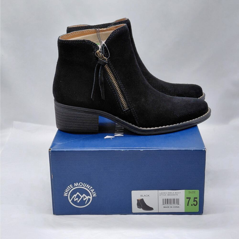 White Mountain Womens Ankle Boots Sz 7.5 Black Suede Block Heel Coastal Cowgirl